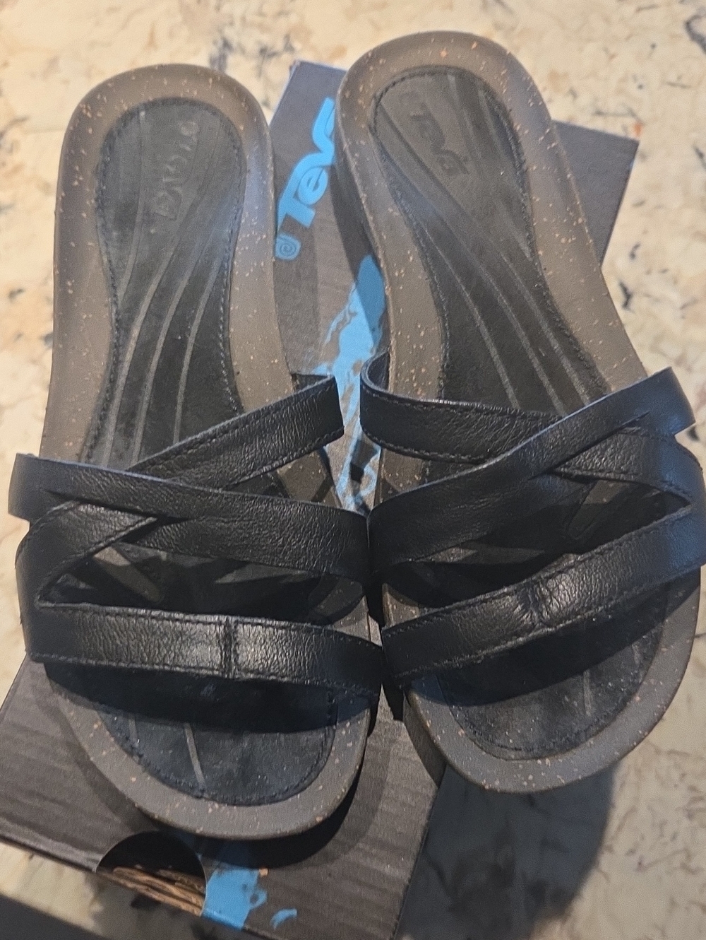Teva Women's Black Leather Strappy Toe Post Slide Sandals Size 7